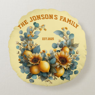 Autumn Sunflowers and Lemons Family Decor Round Pillow