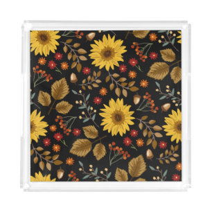 Autumn Sunflowers: Maple Black Background Acrylic Tray