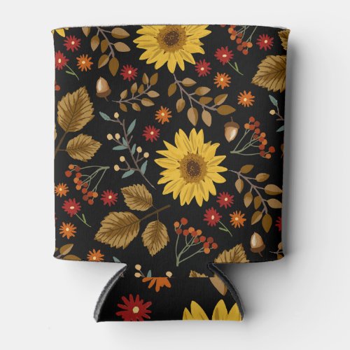Autumn Sunflowers Maple Black Background Can Cooler