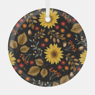 Autumn Sunflowers: Maple Black Background Glass Ornament