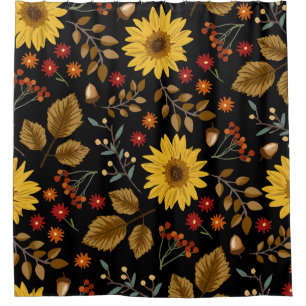 Autumn Sunflowers: Maple Black Background Shower Curtain