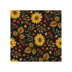 Autumn Sunflowers: Maple Black Background Wood Wall Art