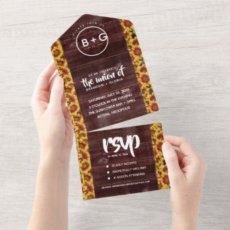 Autumn Sunflowers on Rustic Wood Safety Wedding All In One Invitation