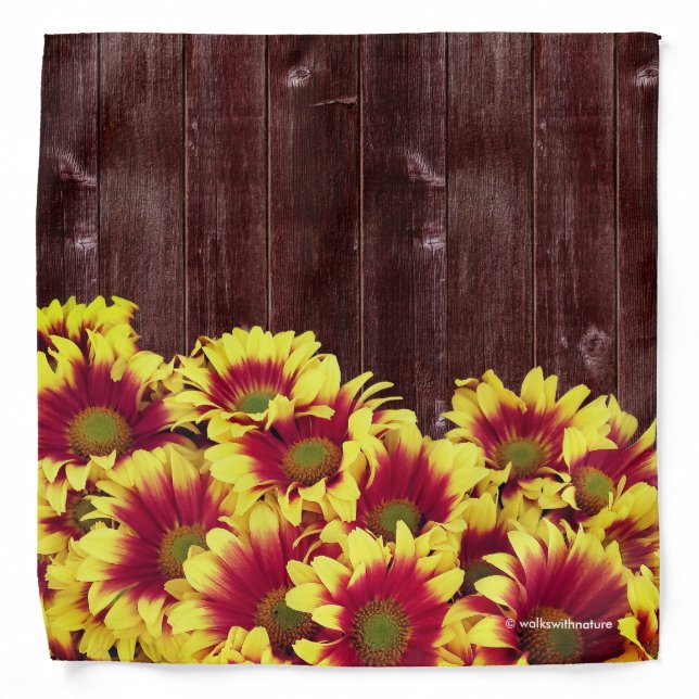 Autumn Sunflowers on Rustic Wooden Fence Bandana (Front)
