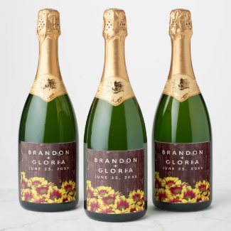 Autumn Sunflowers on Rustic Wooden Fence Wedding Champagne Label