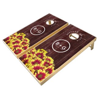 Autumn Sunflowers on Rustic Wooden Fence Wedding Cornhole Set