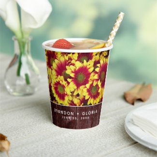 Autumn Sunflowers on Rustic Wooden Fence Wedding Paper Cups