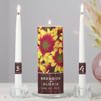 Autumn Sunflowers on Rustic Wooden Fence Wedding Unity Candle Set