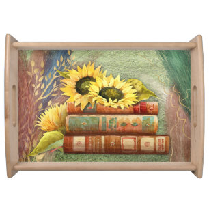 Autumn Sunflowers On Stacked Books Serving Tray