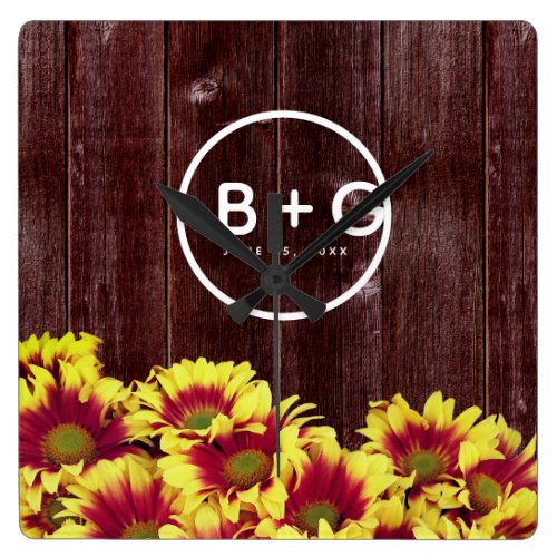 Autumn Sunflowers on Wooden Fence Wedding Square Wall Clock