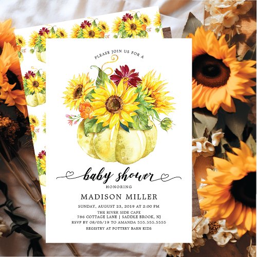 Autumn Sunflowers Pumpkin Baby Shower Invitation