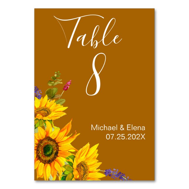 Autumn Sunflowers Wedding Table Number (Front)