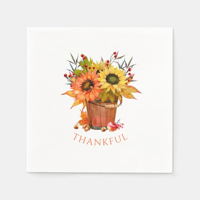 Autumn Sunflowers Wooden Bucket Thankful Napkins (Front)