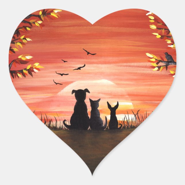 Autumn Sunset Dog and Cat Fall Heart Sticker (Front)