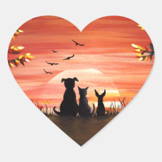 Autumn Sunset Dog and Cat Fall Heart Sticker
