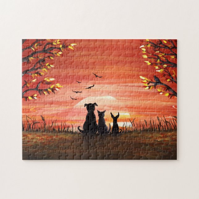 Autumn Sunset Dog and Cat Fall Jigsaw Puzzle (Horizontal)