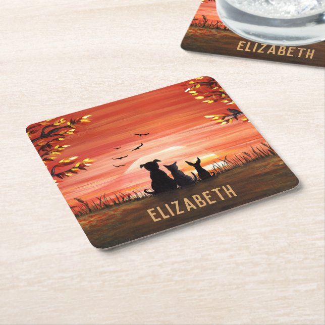 Autumn Sunset Pets Personalize Square Paper Coaster (Angled)
