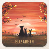Autumn Sunset Pets Personalize Square Paper Coaster (Front)