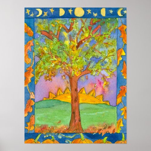 Autumn Sunset Tree Watercolor Landscape Painting Poster