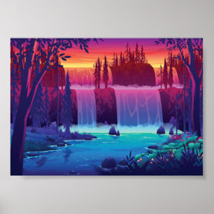 Autumn Sunset Waterfall Poster