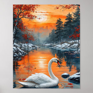Autumn swan on lake poster