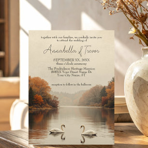 Autumn Swans Romantic Lake in Fall Wedding Invitation
