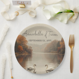 Autumn Swans Romantic Lake in Fall Wedding Paper Plates