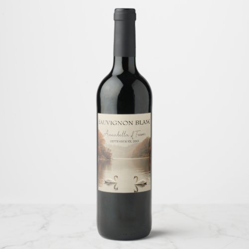 Autumn Swans Romantic Lake in Fall Wedding Wine Label