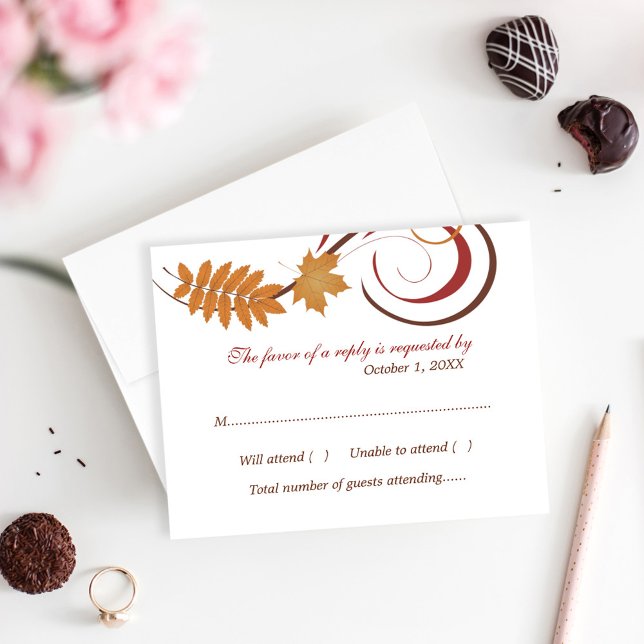 Autumn Swirl Golden Leaf Wedding Reply RSVP Card (Creator Uploaded)