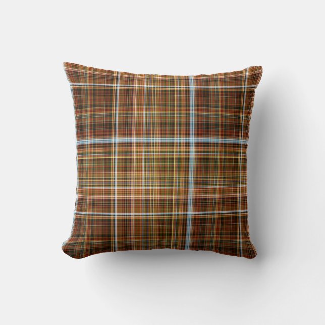 Autumn Sycamore Brown, Green, and Blue Plaid Throw Pillow (Front)