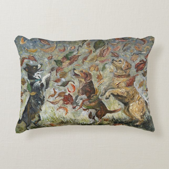 Autumn Tailwag Whimsical Golden Retriever Dogs Oil Accent Pillow (Front)