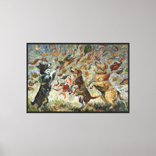 Autumn Tailwag Whimsical Golden Retriever Dogs Oil Canvas Print