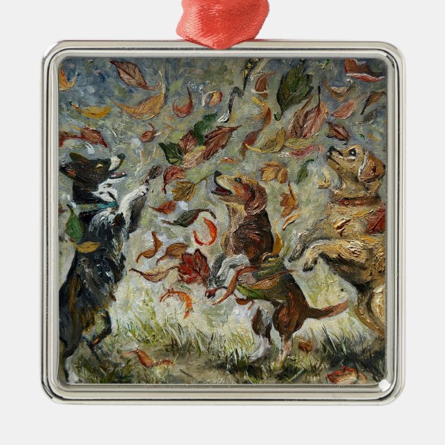 Autumn Tailwag Whimsical Golden Retriever Dogs Oil Metal Ornament (Front)