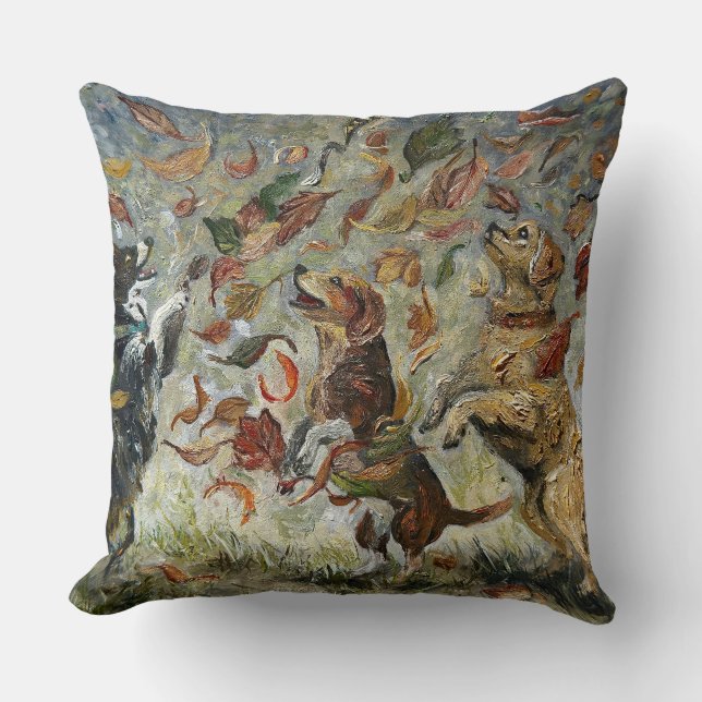 Autumn Tailwag Whimsical Golden Retriever Dogs Oil Throw Pillow (Front)
