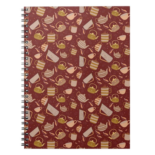 Autumn Tea Time Teapot Mug Leaf Pattern Notebook (Front)