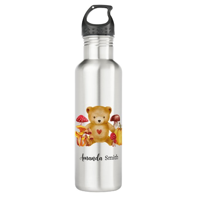 Autumn Teddy Bear and Mushroom Wonderland Stainless Steel Water Bottle (Front)
