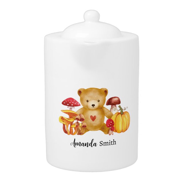 Autumn Teddy Bear and Mushroom Wonderland Teapot (Front)