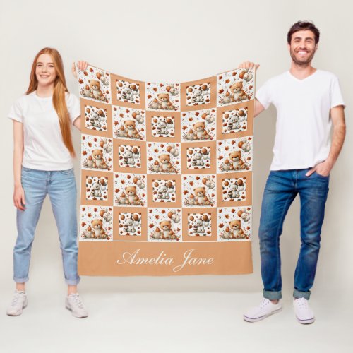 Autumn Teddy Bear Baby Patchwork Fleece Blanket