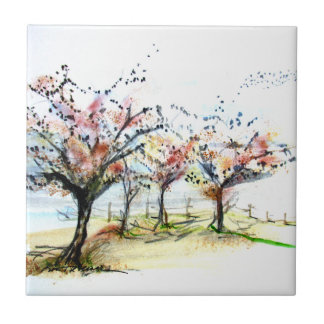 Autumn Tees & Birds Ceramic Tile