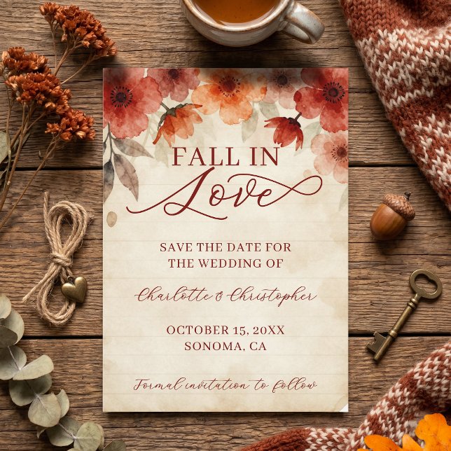 Autumn Terracotta Floral Fall In Love Wedding Save The Date (Creator Uploaded)