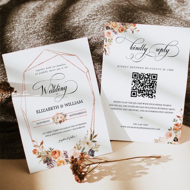 Autumn Terracotta Floral Frame QR Code Wedding Invitation (Creator Uploaded)