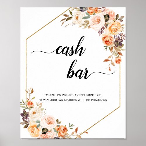 Autumn Terracotta Floral Geometric Cash Bar Sign