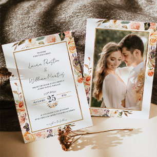 Autumn Terracotta Floral Gold Frame Photo Wedding Invitation