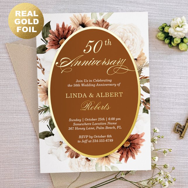 Autumn Terracotta Floral Wedding Anniversary Gold Foil Invitation (Creator Uploaded)
