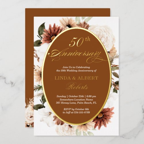 Autumn Terracotta Floral Wedding Anniversary Gold Foil Invitation