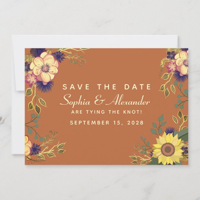 Autumn Terracotta Gold Floral Wedding Save The Date (Front)