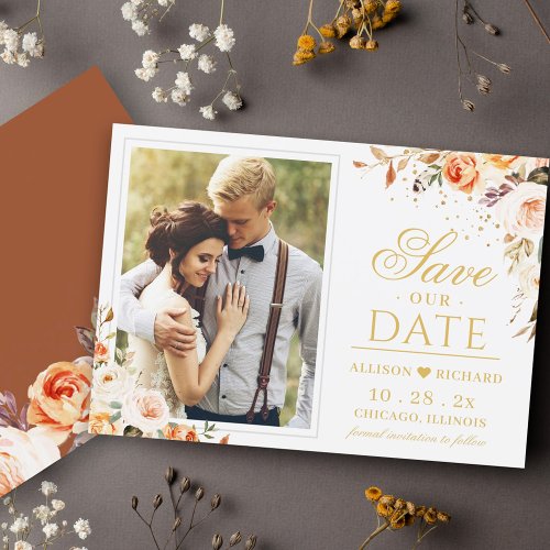 Autumn Terracotta Gold Orange Floral Photo Wedding Save The Date - Autumn Terracotta Gold Orange Floral Photo Wedding Save the Date Card. 
(1) For further customization, please click the "customize further" link and use our design tool to modify this template. 
(2) If you prefer thicker papers / Matte Finish, you may consider to choose the Matte Paper Type.