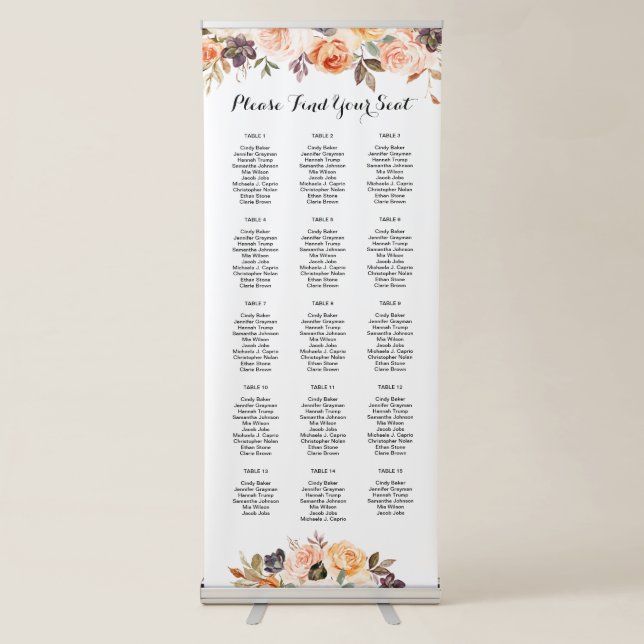Autumn Terracotta Orange Floral Seating Chart Retractable Banner (Front)