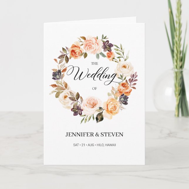Autumn Terracotta Orange Flowers Wedding Folded Program (Front)