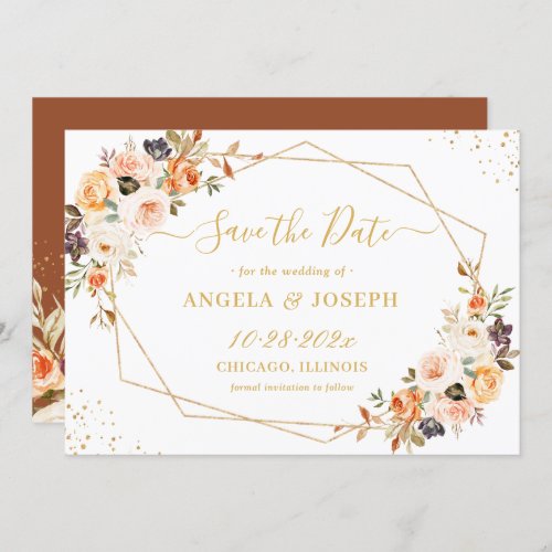 Autumn Terracotta Orange Gold Floral Geometric Save The Date - Terracotta Autumn Orange Gold Floral Trendy Geometric Save the Date Card. 
(1) For further customization, please click the "customize further" link and use our design tool to modify this template. 
(2) If you prefer Thicker papers / Matte Finish, you may consider to choose the Matte Paper Type.